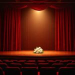 Scène de théâtre vide avec un bouquet de jasmin, hommage à Amel Baccouche
