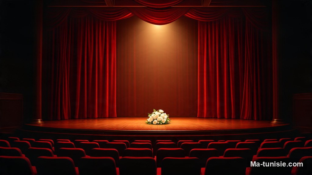 Scène de théâtre vide avec un bouquet de jasmin, hommage à Amel Baccouche