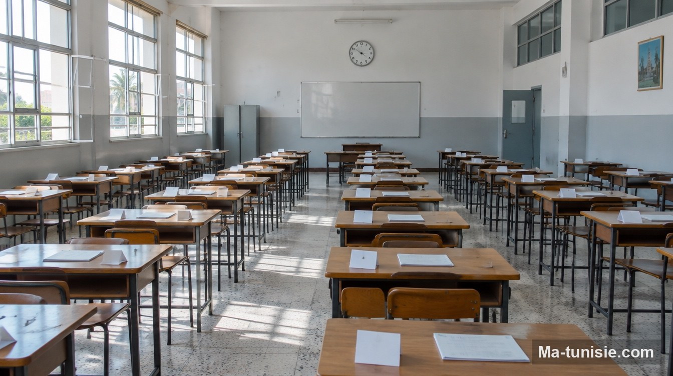Salle d'examen préparée pour les épreuves du baccalauréat en Tunisie