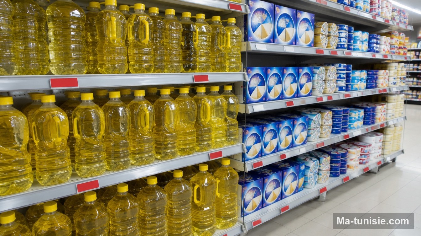 Rayon de supermarché en Tunisie avec bidons d'huile végétale et boîtes de fromage fondu
