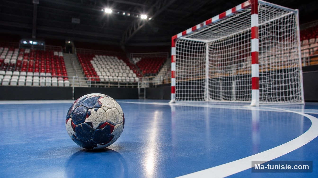 Ballon de handball sur un terrain en salle, CAN de handball féminin 2026 en Tunisie