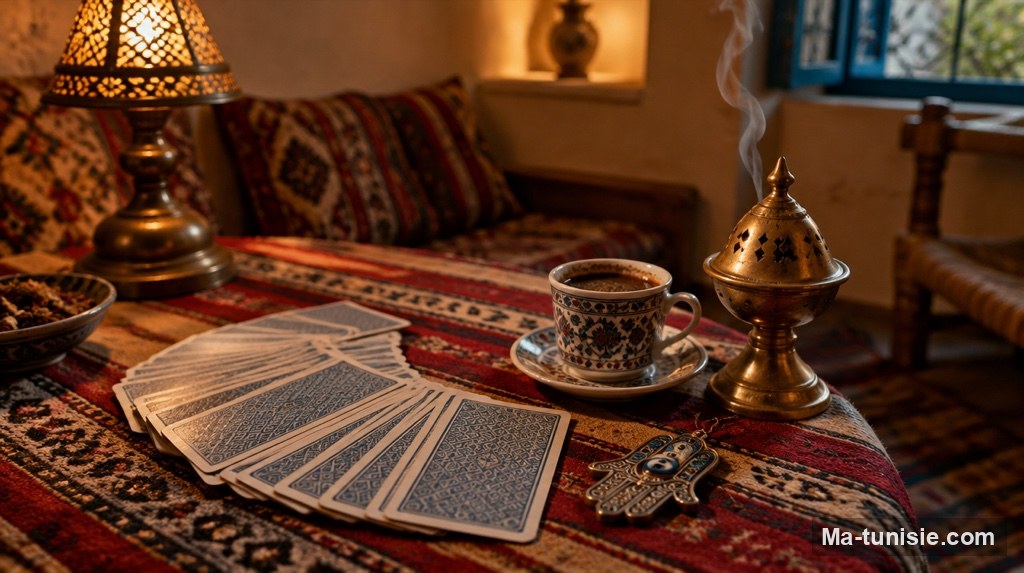 Table de voyante avec cartes et tasse de café, clin d'œil à Jannet de Choufli Hal