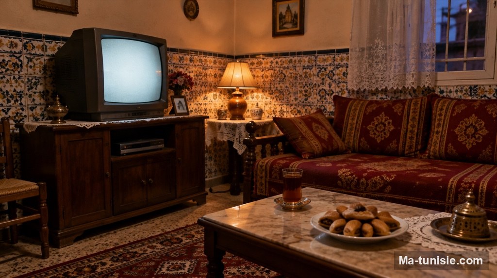 Salon tunisien des années 2000 avec un ancien téléviseur, souvenir de Choufli Hal