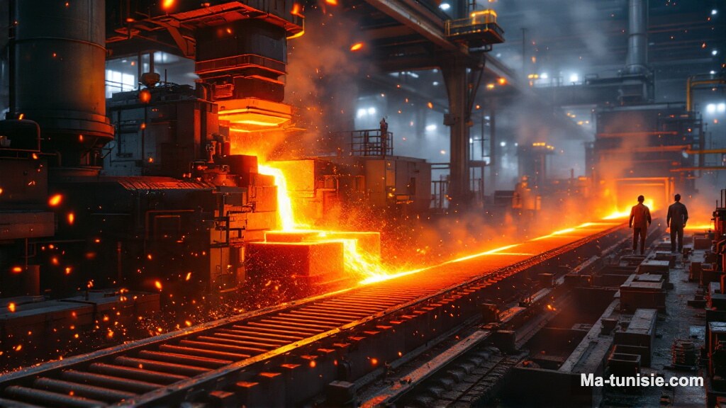 Coulée continue de billettes d'acier dans une aciérie électrique, du type de celle d'El Fouladh à Menzel Bourguiba