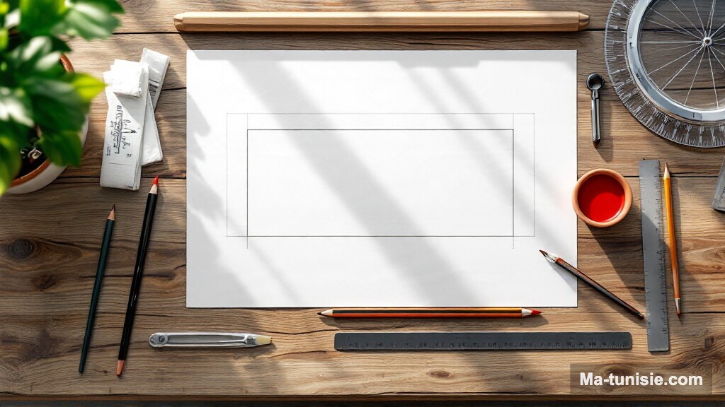 Table à dessin avec compas, règle et tracés de construction géométrique au crayon