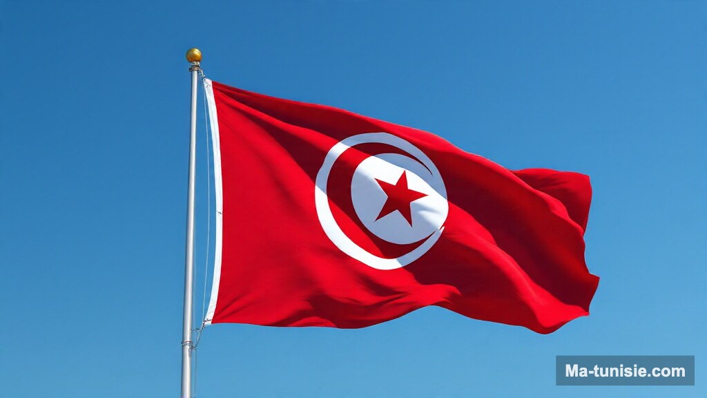 Drapeau tunisien rouge avec croissant et étoile flottant dans le ciel