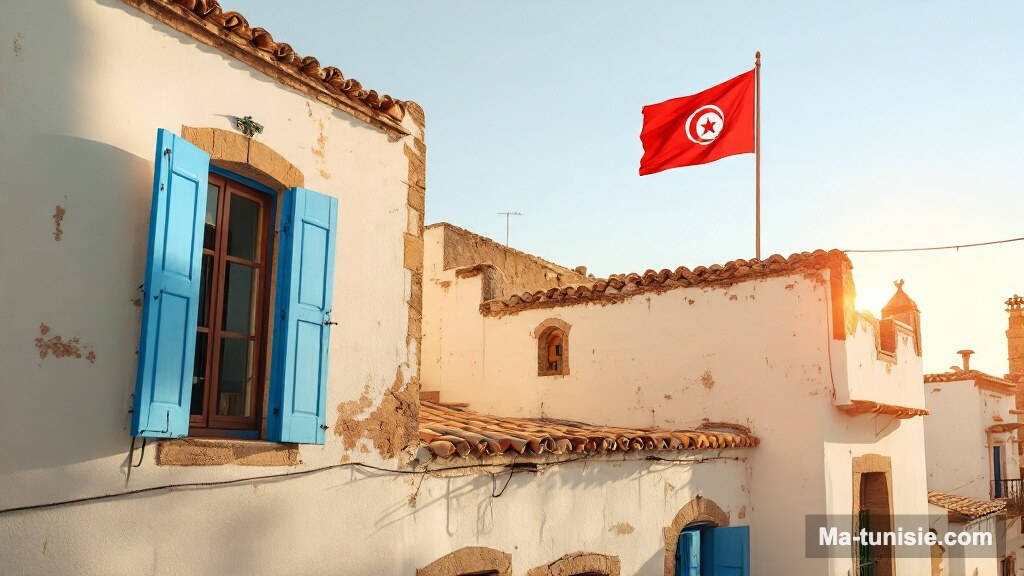 Façade blanche d'une rue de médina tunisienne avec le drapeau national flottant sur le toit