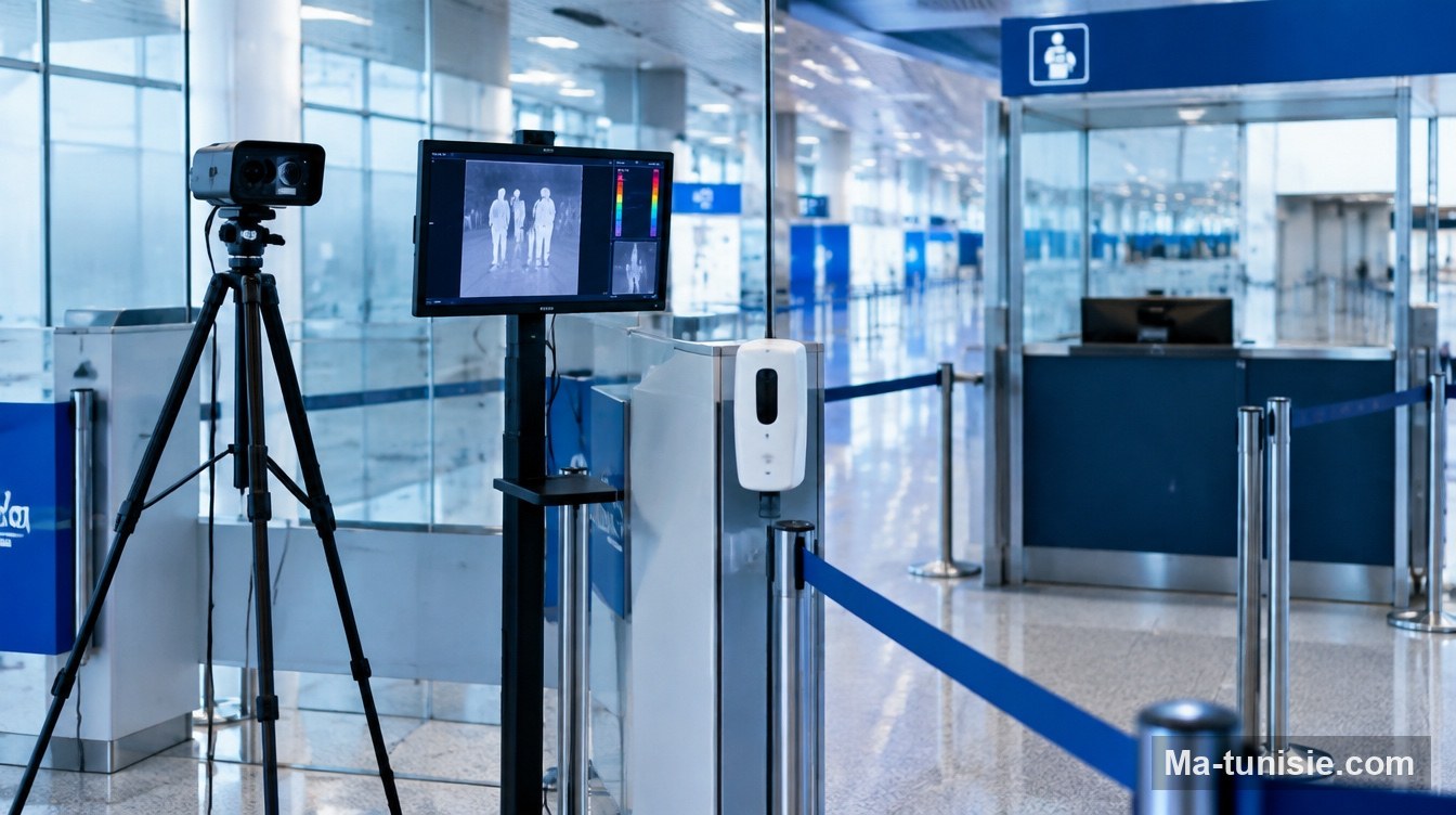 Point de contrôle sanitaire avec caméra thermique dans un aéroport, surveillance d'Ebola