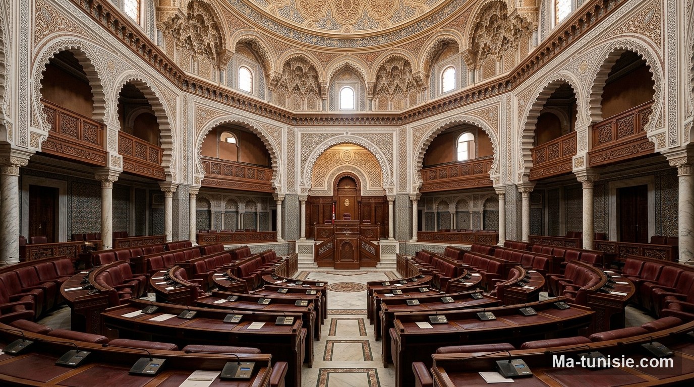 Hémicycle vide de l'Assemblée des représentants du peuple, élections législatives en Tunisie