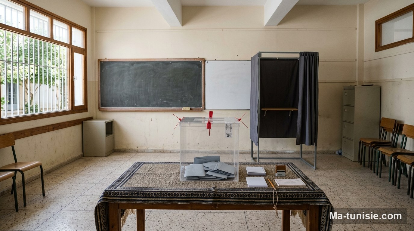 Urne transparente et bulletins de vote dans un bureau de vote en Tunisie