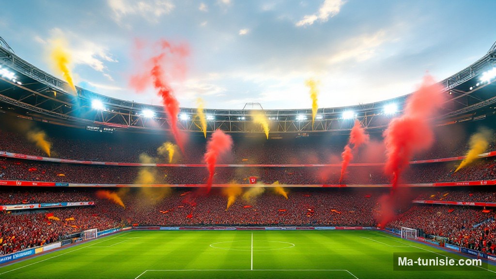 Tribunes du stade de Radès aux couleurs sang et or de l'Espérance de Tunis