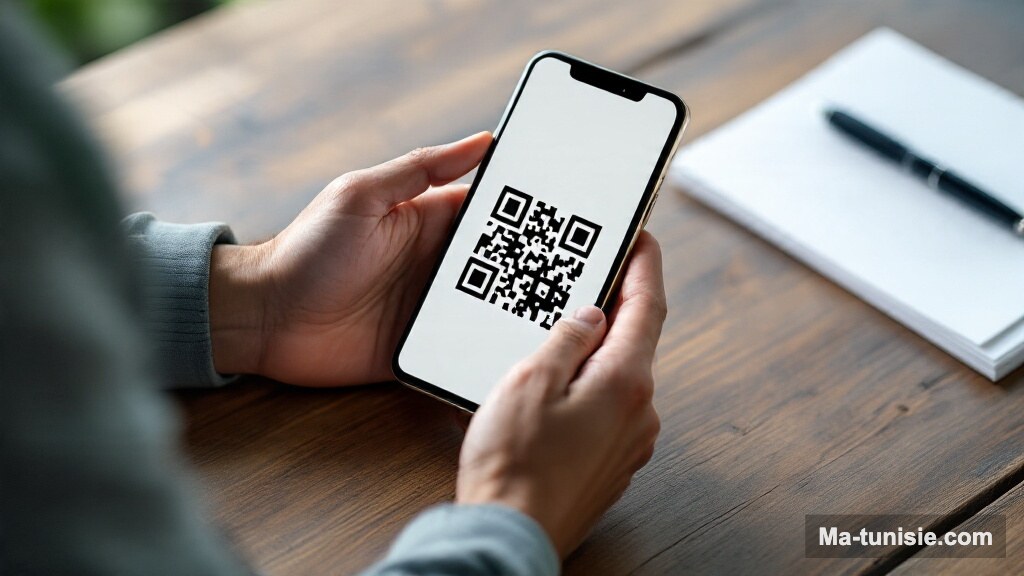 Mains tenant un smartphone affichant un document administratif numérique avec un code QR