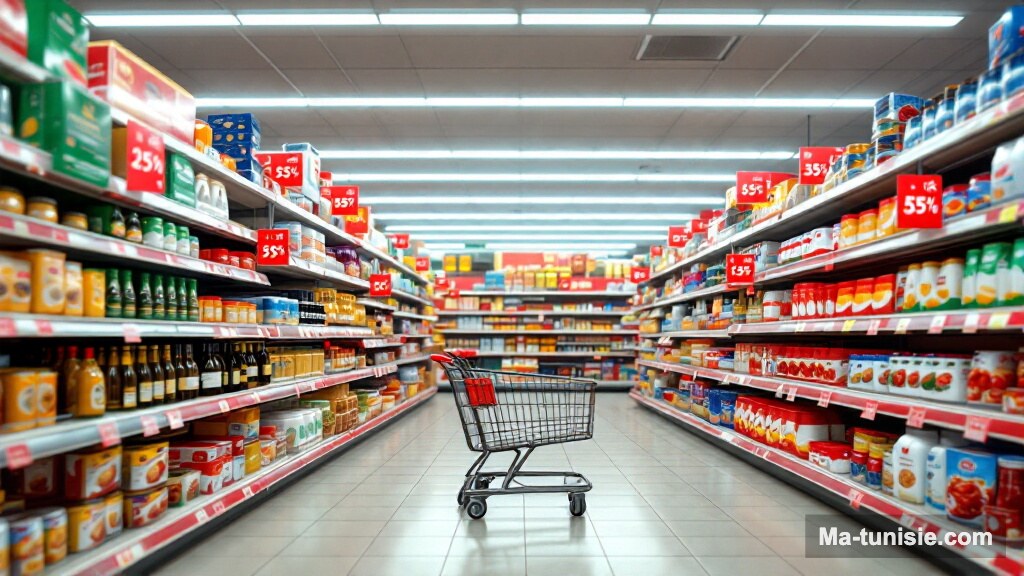 Rayon de supermarché en Tunisie, réductions de prix sur les produits de consommation