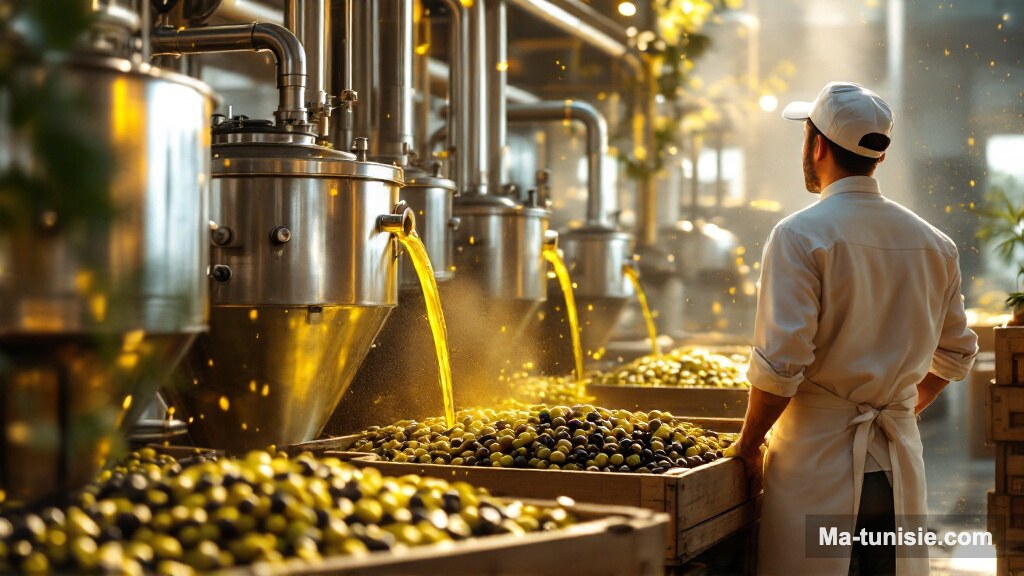 Trituration des olives dans une huilerie tunisienne pendant la campagne oléicole