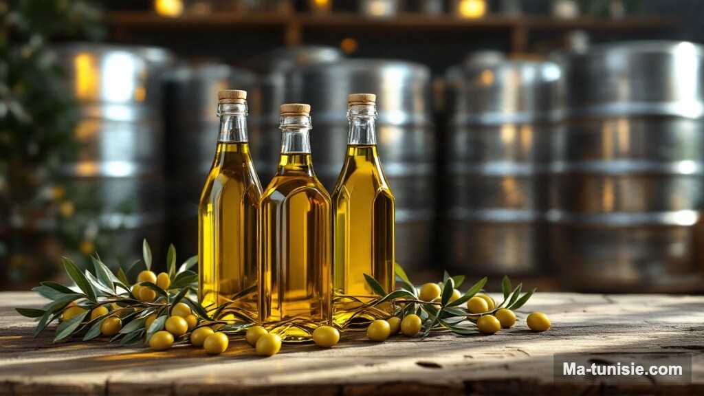 Bouteilles et fûts d'huile d'olive tunisienne prêts pour l'exportation