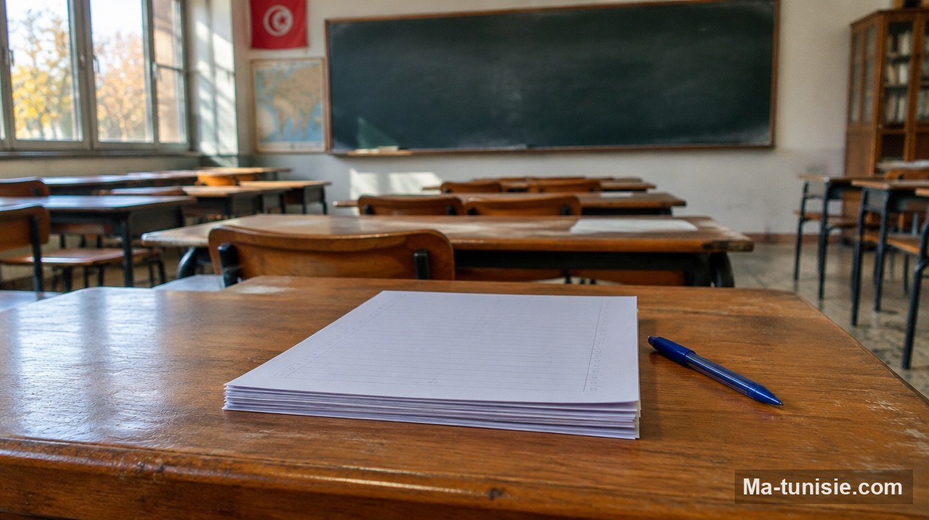 Salle de classe d'un lycée tunisien avec copies d'examen, inscription au bac 2027