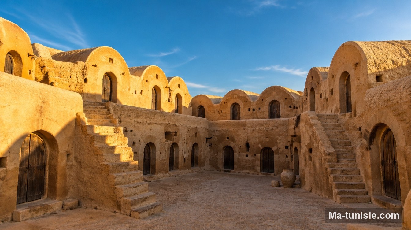 Cour intérieure et ghorfas voûtées d'un ksar du Sud tunisien, comme à Ksar Haddada