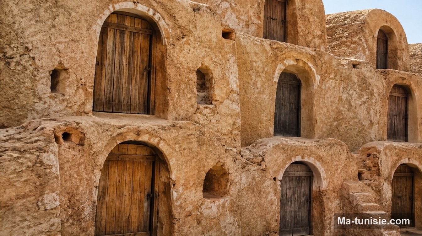 Portes en bois de palmier des ghorfas superposées d'un ksar de la région de Tataouine