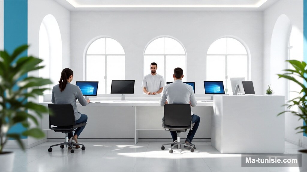 Illustration : intérieur d'une maison de services numériques avec postes informatiques et guichet d'accueil