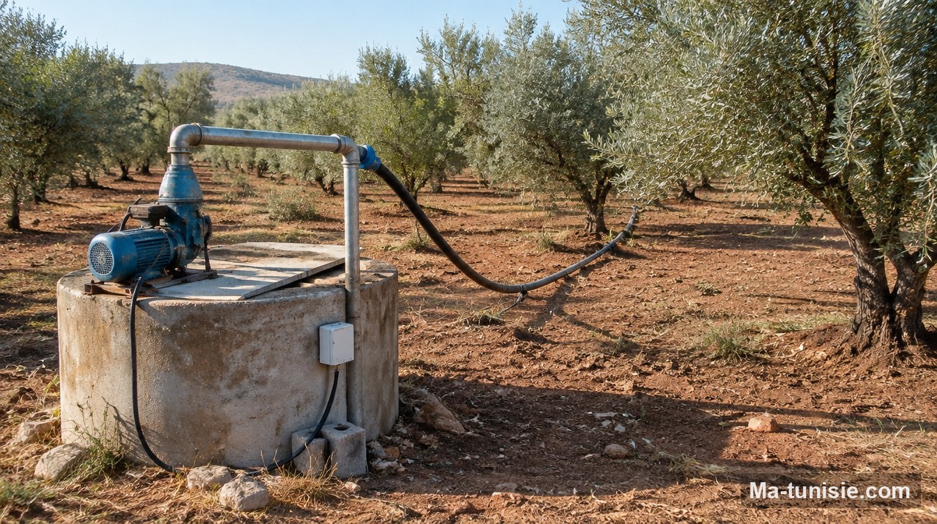 Puits agricole avec pompe électrique dans une oliveraie en Tunisie
