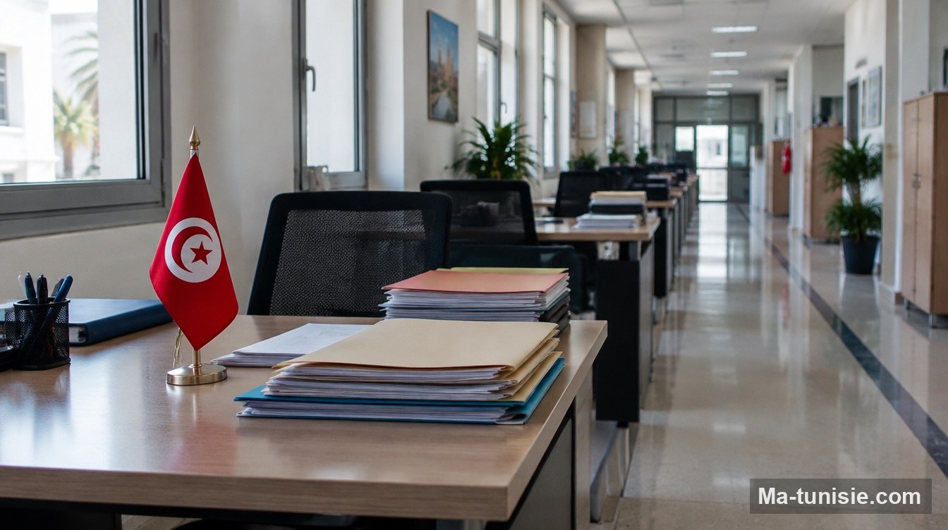 Bureaux d'une administration tunisienne avec dossiers de candidature, recrutement dans la fonction publique