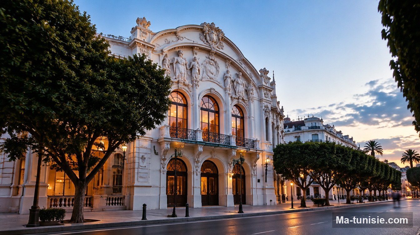 Façade Art nouveau d'un théâtre sur une avenue bordée de ficus, à la tombée de la nuit