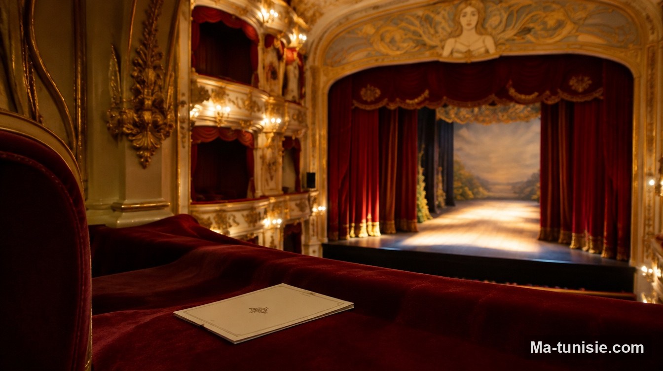 Vue d'une loge dorée vers la scène éclairée d'un théâtre à l'italienne