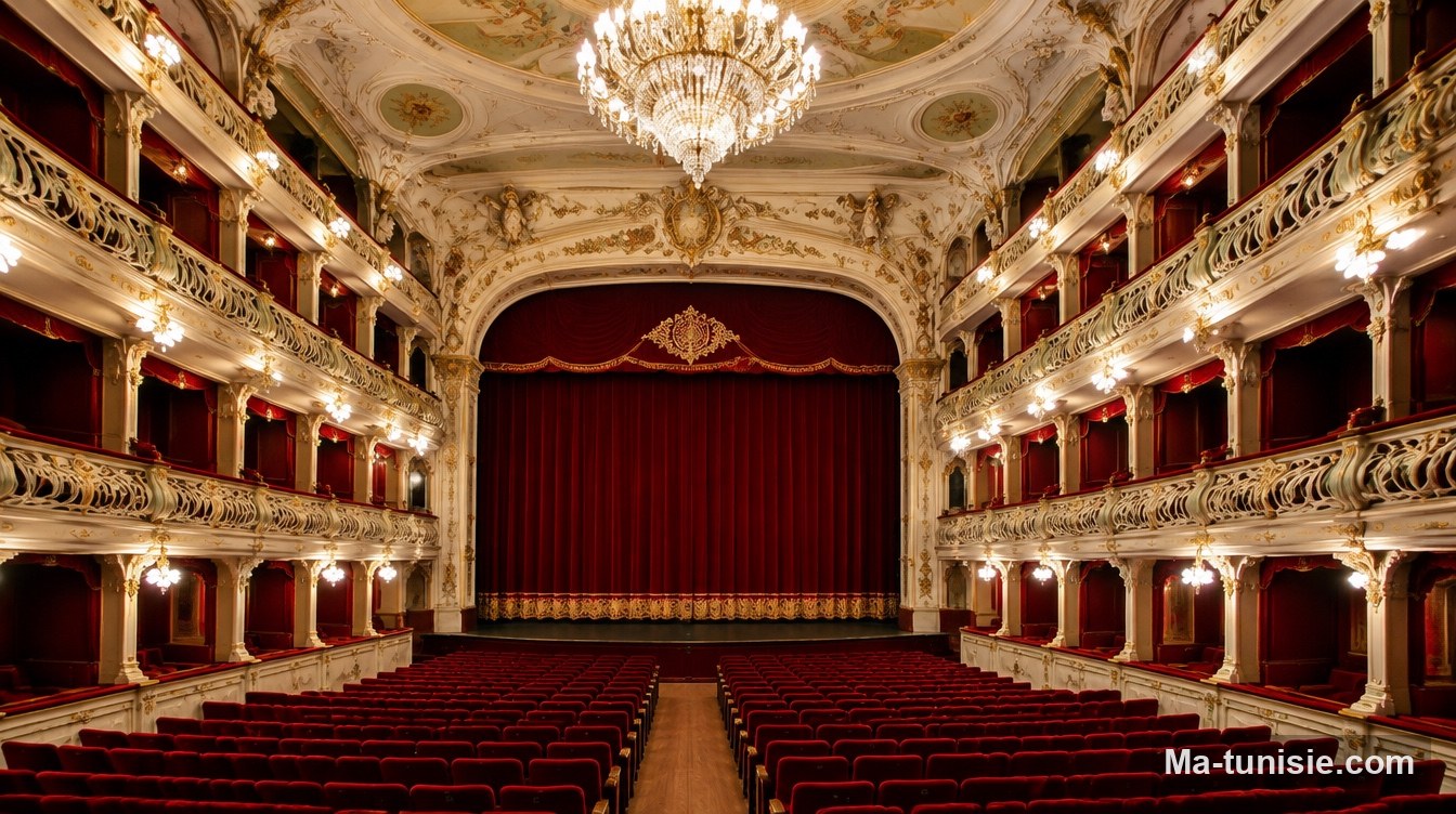 Salle de théâtre à l'italienne restaurée avec balcons dorés et rideau rouge